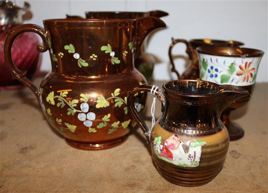 Collection of 4 Victorian copper lustre jugs and copper lustre vase